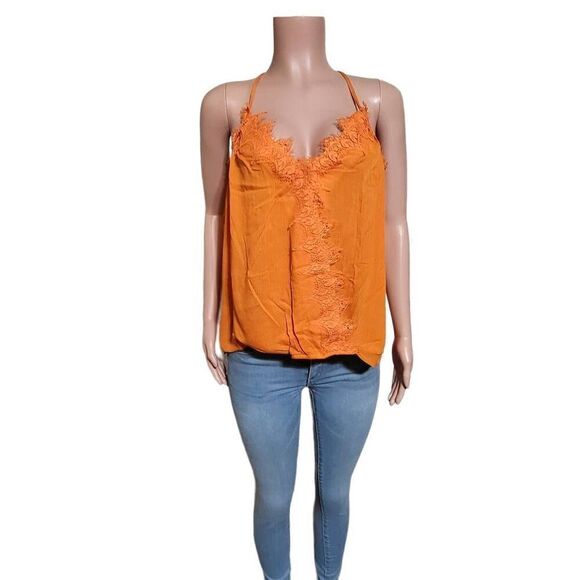 Glam sleeveless orange surplice lace detail tank top S,M,L - Picture 2 of 7
